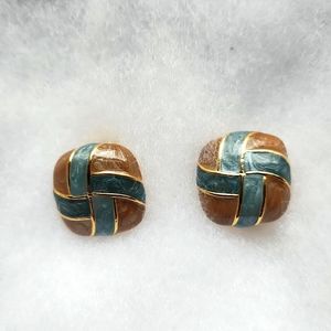 TUORQUOISE & BEIGE CLIP EARRINGS WITH GOLD TRIM.  CUSHIONS ON CLIPS FOR COMFORT